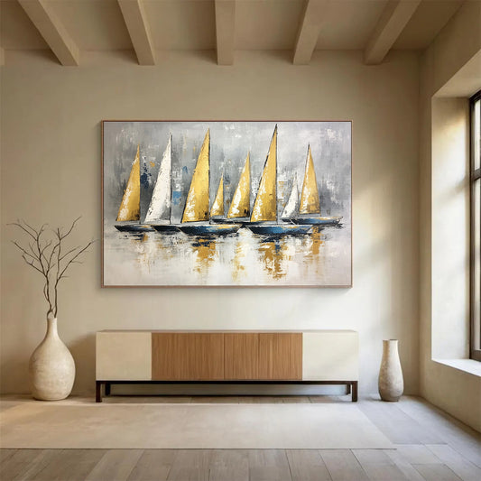 Huge Size Gold, White, and Gray Sailboat Fleet Abstract Nautical Art HPS323