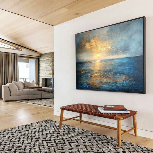 Modern Art Acrylic Blue, Gold & Gray Textured Coastal Abstract Painting HPS288