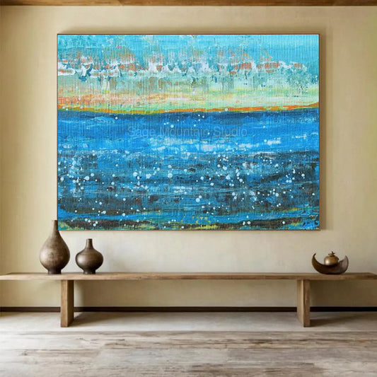 Hand-Painted Blue, Orange, and White Abstract Seaside Art HPS411
