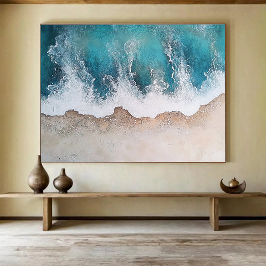 Unique Abstract Art Teal, White & Beige Textured Coastal Abstract Painting HPS290