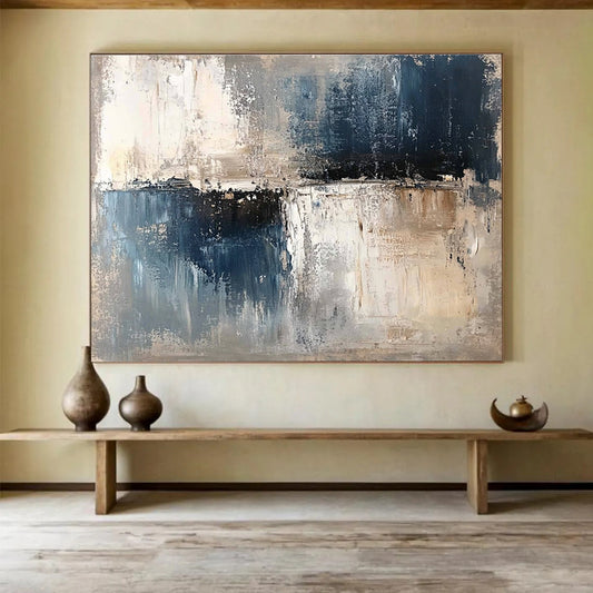 Oversized Abstract Wall Art Blue, Gray & Beige Textured Landscape Abstract Painting HPS277