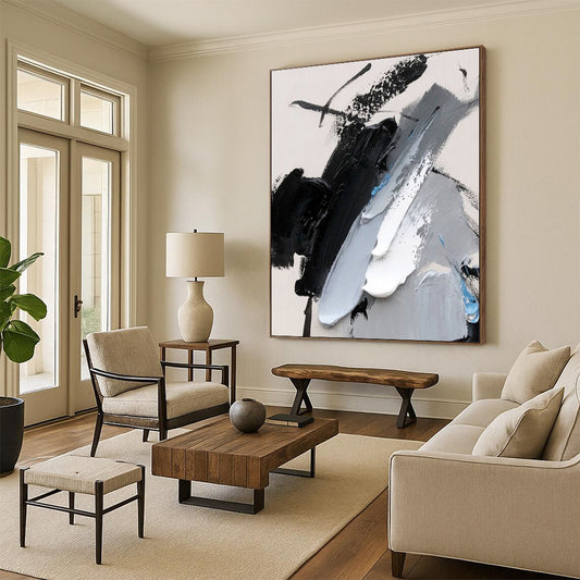 Acrylic Modern Art Paintings - Black, Gray, White & Blue Textured Abstract Art PT585