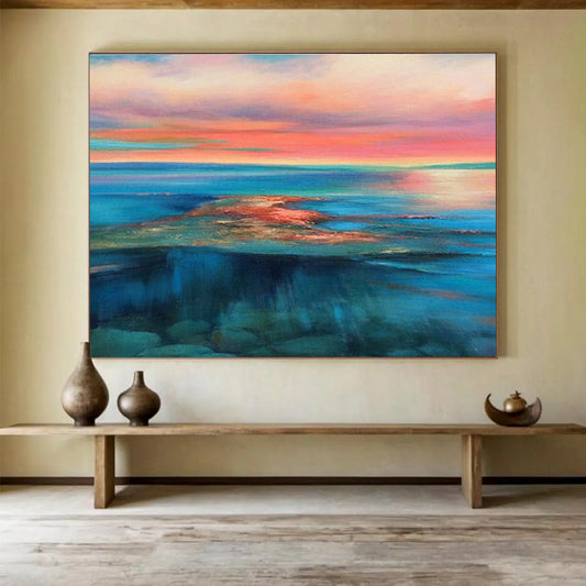 Hand Painted Art Pink, Blue & Teal Abstract Sea & Sky Art HPS182
