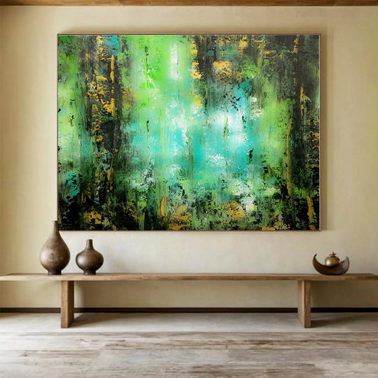 Hand-Painted Green, Turquoise & Gold Abstract Forest Art HPS161