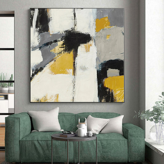Modern Art Acrylic Gray, Yellow & Black Textured Abstract Painting On Canvas PT089
