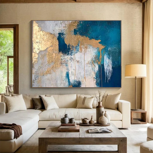 Hand Painted Art Teal, Gold & White Textured Abstract Acrylic Painting HPS238