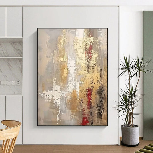 Hand Painting Gold, Gray, and Red Textured Abstract Art PT661