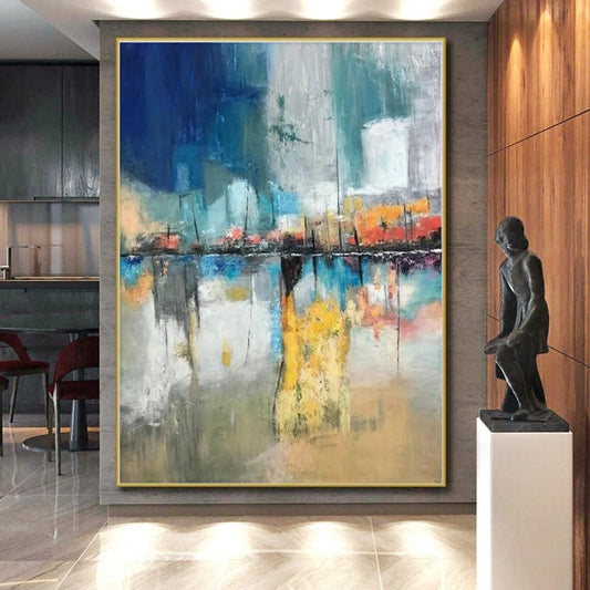 Hand-Painted Blue, Yellow, and Red Cityscape Abstract Art PT806