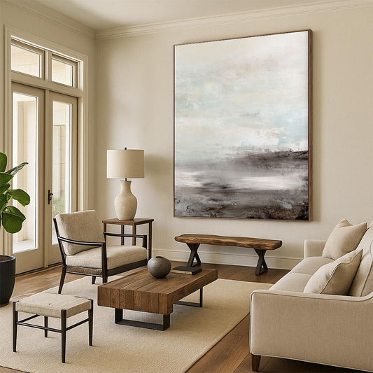 Big Painting in Beige, Grey, and Brown Abstract Misty Landscape Art PT238