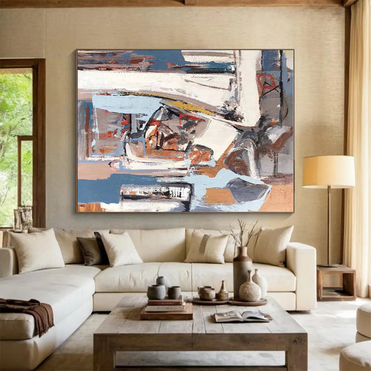 Unique Abstract Art with Blue, Gray, White, and Brown Geometric Abstract Shapes, Large Contemporary Wall Art PT215