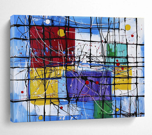 Modern Art Acrylic Multicolor (Blue, Red, Yellow, Purple) Geometric Abstract Painting HPS247
