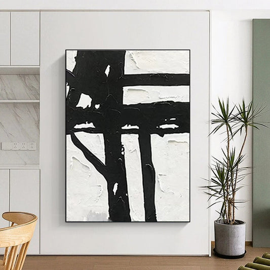 Hand-Painted Black White Textured Geometric Abstract Art PT378