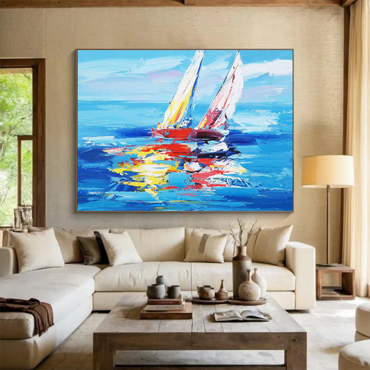 Hand Painting Blue, Red & Yellow Sailboat Impressionistic Acrylic Painting HPS232