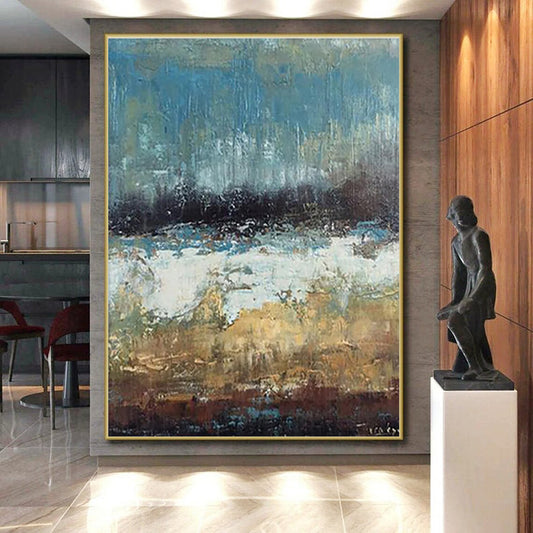 Hand Painted Art Blue Brown Abstract Landscape Acrylic Painting PT441