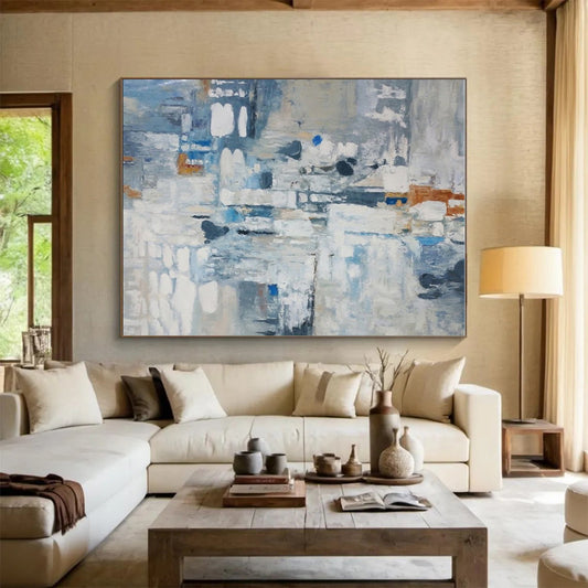 Large Size Blue, Gray, and White Abstract Painting with Fluid Forms, Large Painting In Living Room PT207