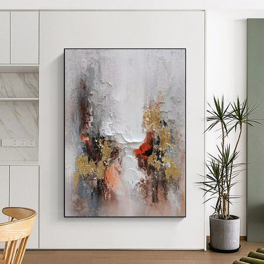 Hand-Painted Gray, Red & Gold Textured Abstract Painting On Canvas PT031