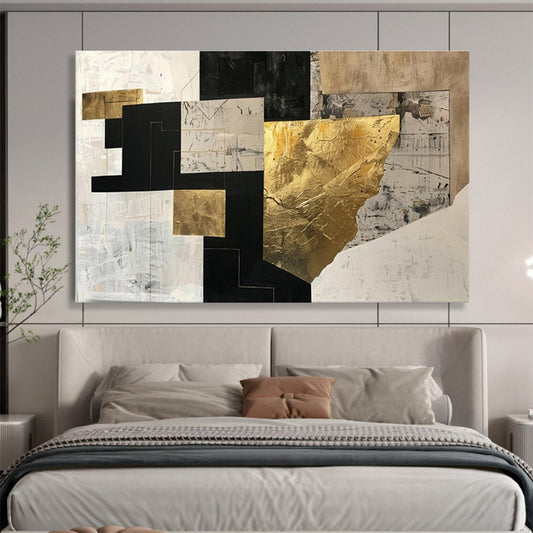 Large Contemporary Wall Art Black, White, and Gold Textured Abstract Geometric Art HPS396