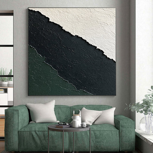 Large Abstract Painting For Living Room With Black, White, Dark Green Textured Layers On Canvas PT181