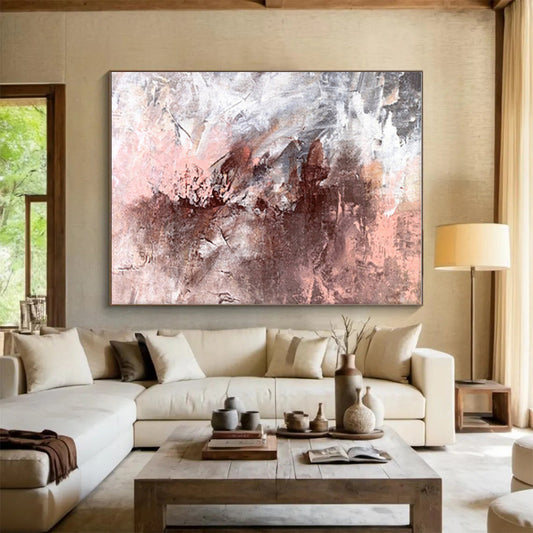 Large Size Abstract Art in Brown, Pink, and Gray, Hand Painted Modern Piece PT287