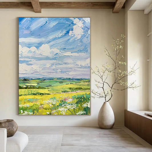 Large Painting In Living Room Colorful Landscape with Sky and Fields Acrylic Modern Art DPS420