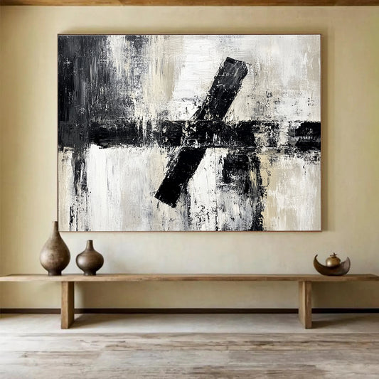 Cool Abstract Paintings Black, White & Beige Textured Geometric Abstract Painting HPS260