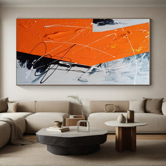 Large Painting In Living Room Orange Black White Textured Abstract Art PT409