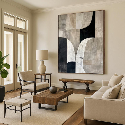 Hand Painting Black, White & Beige Geometric Abstract Painting On Canvas PT062