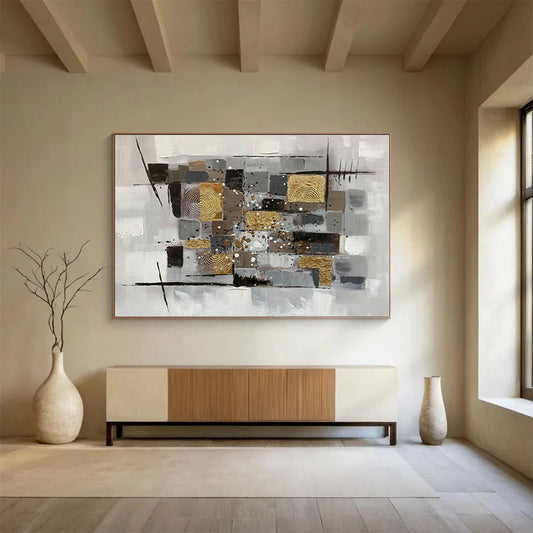 Hand-Painted Gray, Gold & Black Geometric Abstract Painting On Canvas HPS091