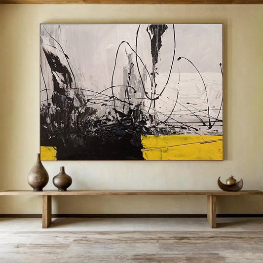 Oversized Abstract Wall Art Black, White & Yellow Energetic Abstract Art HPS168
