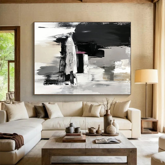 Large Abstract Painting For Living Room, Black Gray White Pink Abstract Textured Art PT151