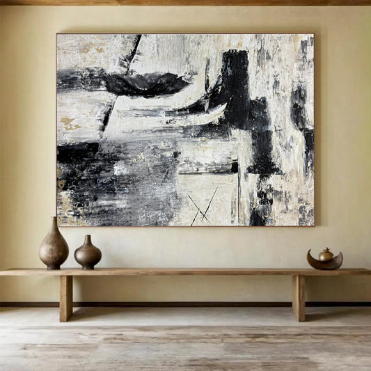 Huge Size Black, White, and Gray Textured Abstract Geometric Art HPS393