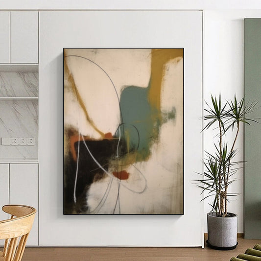 Unique Abstract Art in Black, White, Brown, Teal, and Orange Abstract Shapes and Lines Painting PT266