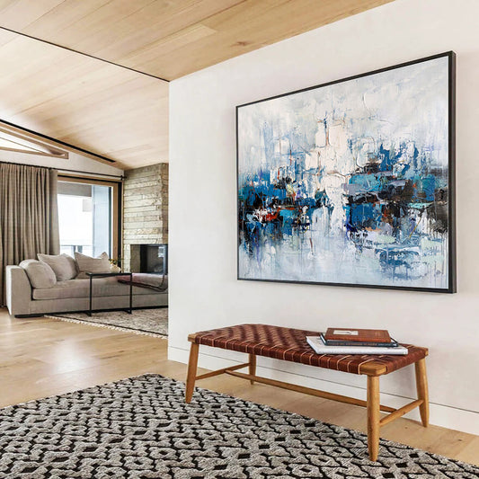 Large Contemporary Wall Art Blue & White Urban Abstract On Canvas HPS055