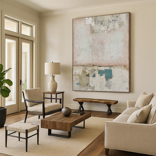 Handmade Art Soft Pink and Teal Textured Abstract Art PT624