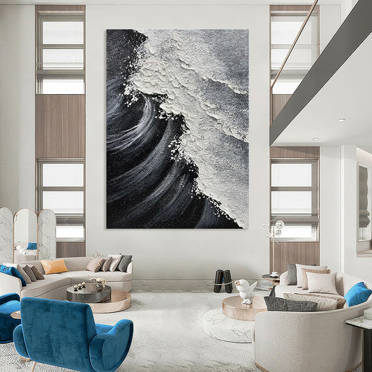 Hand-Painted Black & White Textured Wave Abstract, Acrylic Modern Art Painting DPS506