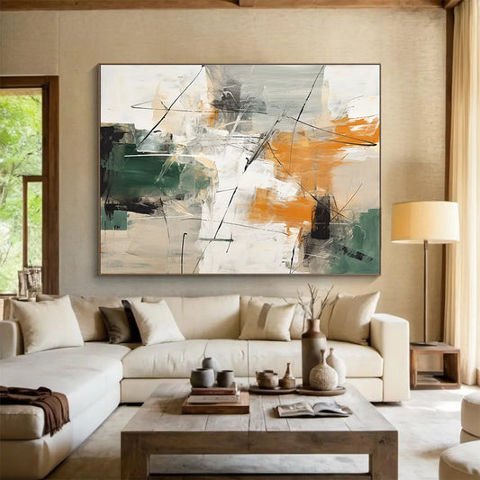 Acrylic Modern Art Paintings Green, Orange & White Abstract Dynamic Art HPS213