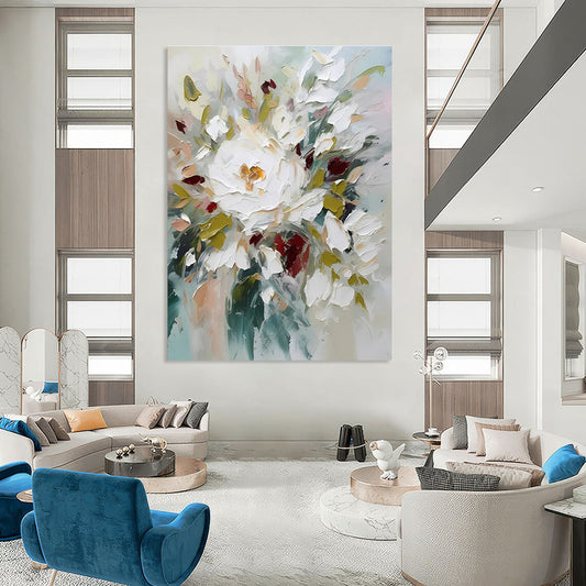 Hand-Painted White, Green & Red Floral Abstract, Paintings For House DPS501