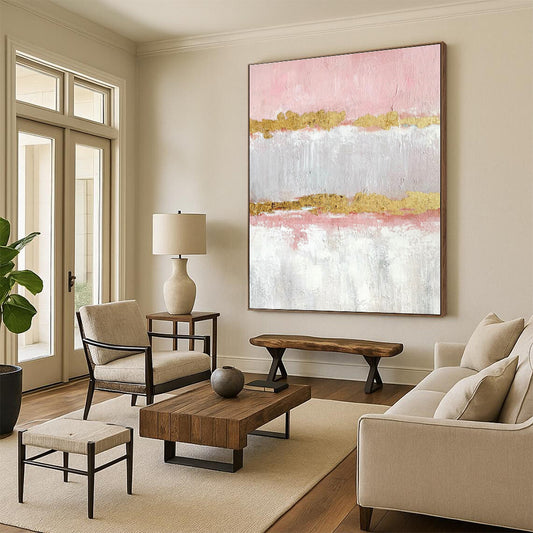 48x60 Pink Gray Gold Textured Abstract Minimalist Art PT347