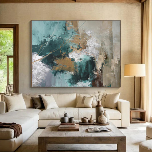 Cool Abstract Paintings Teal, Gold & Silver Textured Abstract Painting On Canvas HPS114