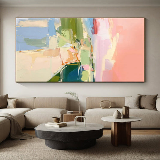 Acrylic Modern Art Paintings - Pastel Pink, Green & Blue Abstract Landscape-Inspired Art PT562