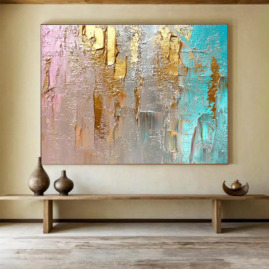Unique Abstract Art Pink, Gold, Teal & Gray Textured Abstract Painting HPS276