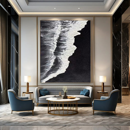 Minimalist Canvas Art Black and White Wave Abstract Sea Painting DPS418