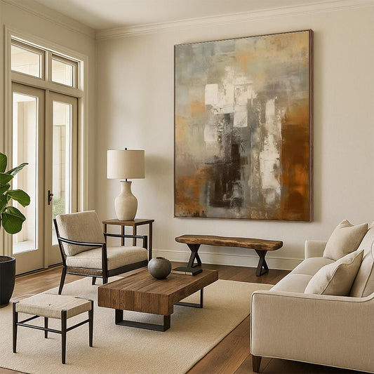 Hand-Painted Brown and Gray Abstract Architectural Study, Large Contemporary Wall Art PT518