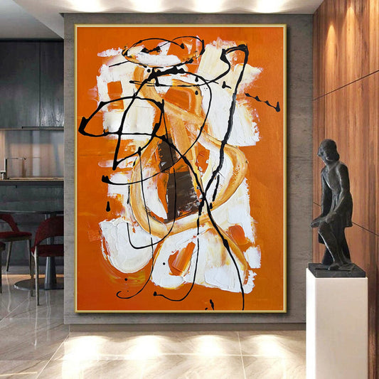 Oversized Abstract Wall Art Orange, White & Black Textured Abstract Painting On Canvas PT050
