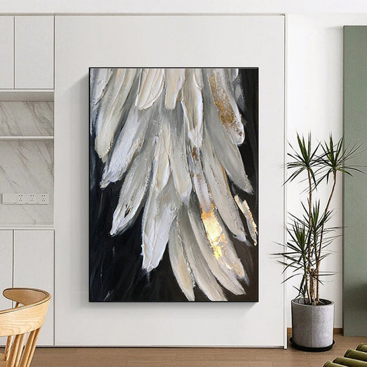Large Size White, Gray, and Gold Textured Abstract Feather Art DPS469