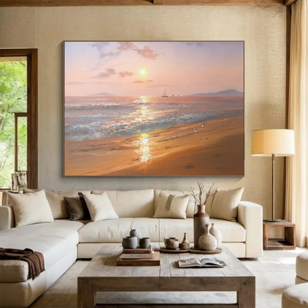 Hand-Painted Orange & Blue Coastal Sunset Realistic Acrylic Painting HPS235