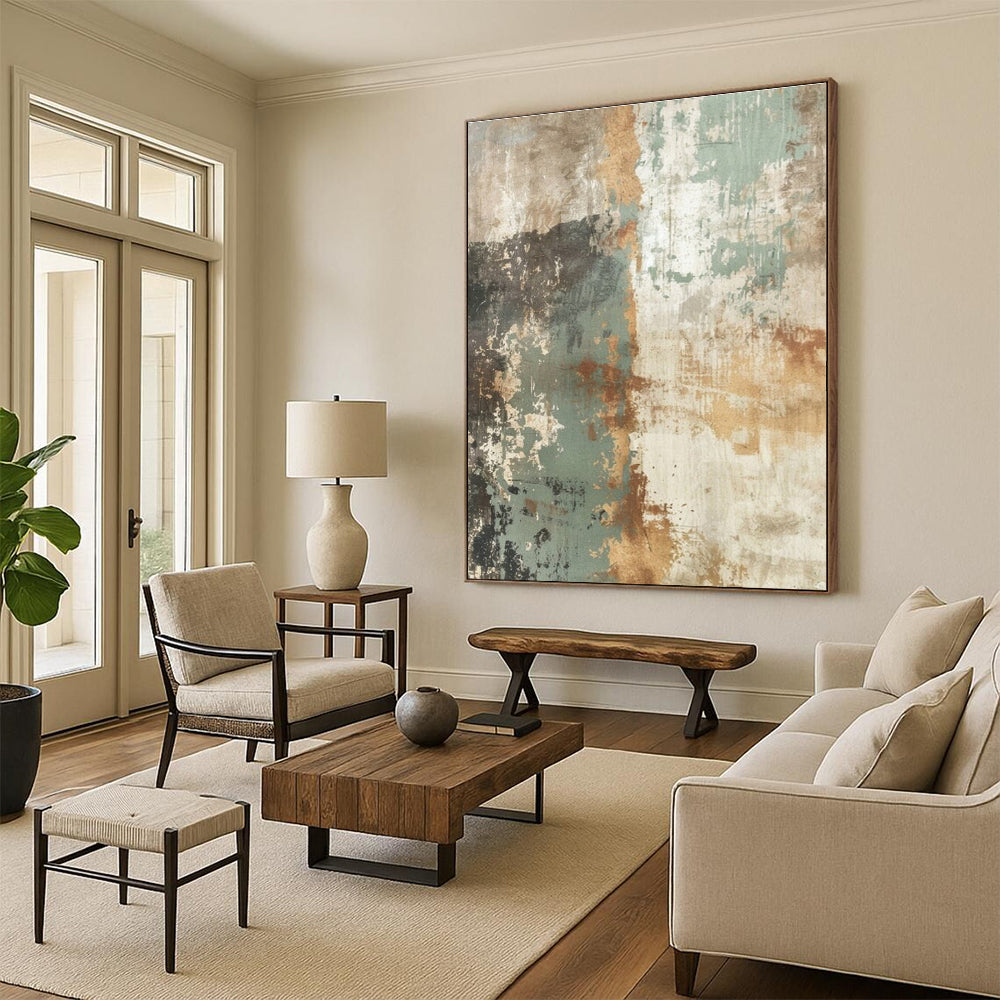 Hand Painting Teal, Brown, and Beige Textured Abstract Art PT741