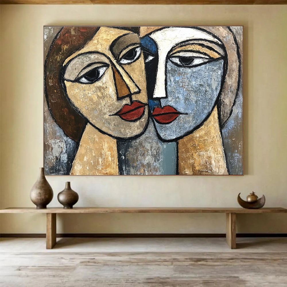 Hand-Painted Brown, Blue, Red & Beige Cubist Portrait Abstract Painting HPS254