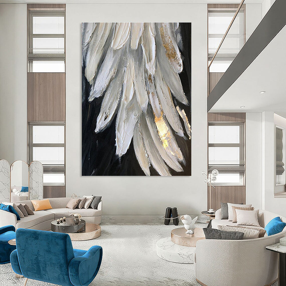 Large Size White, Gray, and Gold Textured Abstract Feather Art DPS469