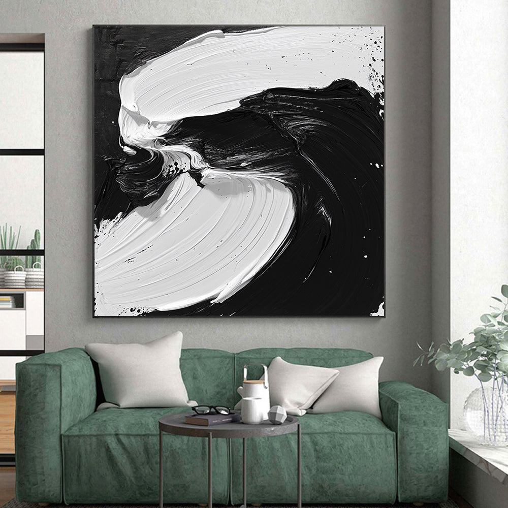 Custom Large Abstract Art For Living Room With Black, White Fluid Brushstrokes On Canvas PT195